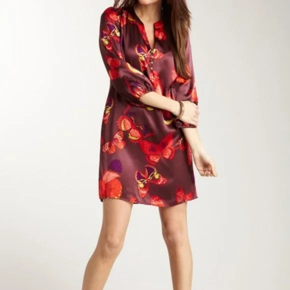 Amour Vert Red Dalila Silk Butterfly Print Tunic Shift Mini Dress M - Picture 1 of 11
